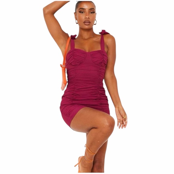PrettyLittleThing Dresses & Skirts - NWT PLT PrettyLittleThing Pink Plisse Detail Tie Strap Bodycon Dress Size 4
